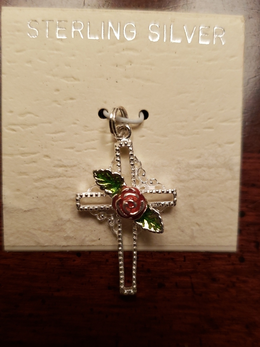 NEW Sterling Silver Cross Pendant with Pink Rose and Green Leaves